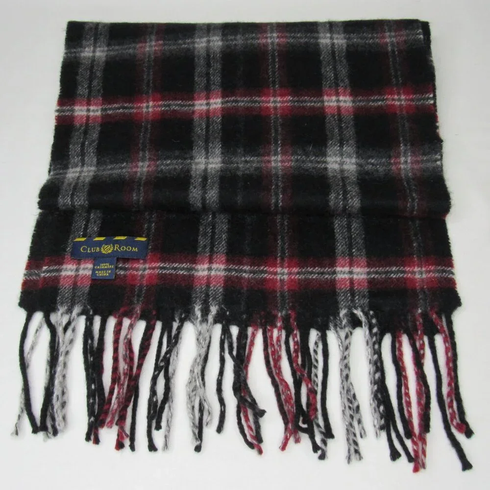 Club Room Black Red Check 100% Cashmere Scarf Fringe End